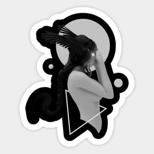 black and white girl with wings in the head feeling the power Sticker